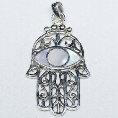 Hamsa Hand Pendant 925 Silver Amulet Fatima Luck Yoga Buddha Eye mother of pearl