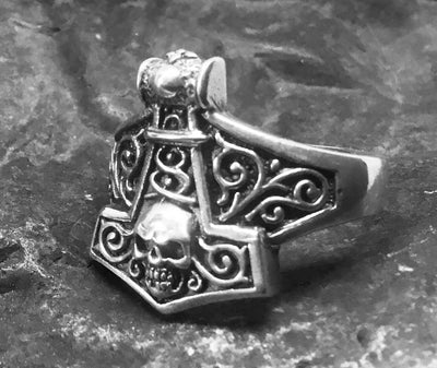 Thors Hammer Skull Ring silver Thor Viking Mjolnir Odin Norse Metal feeanddave