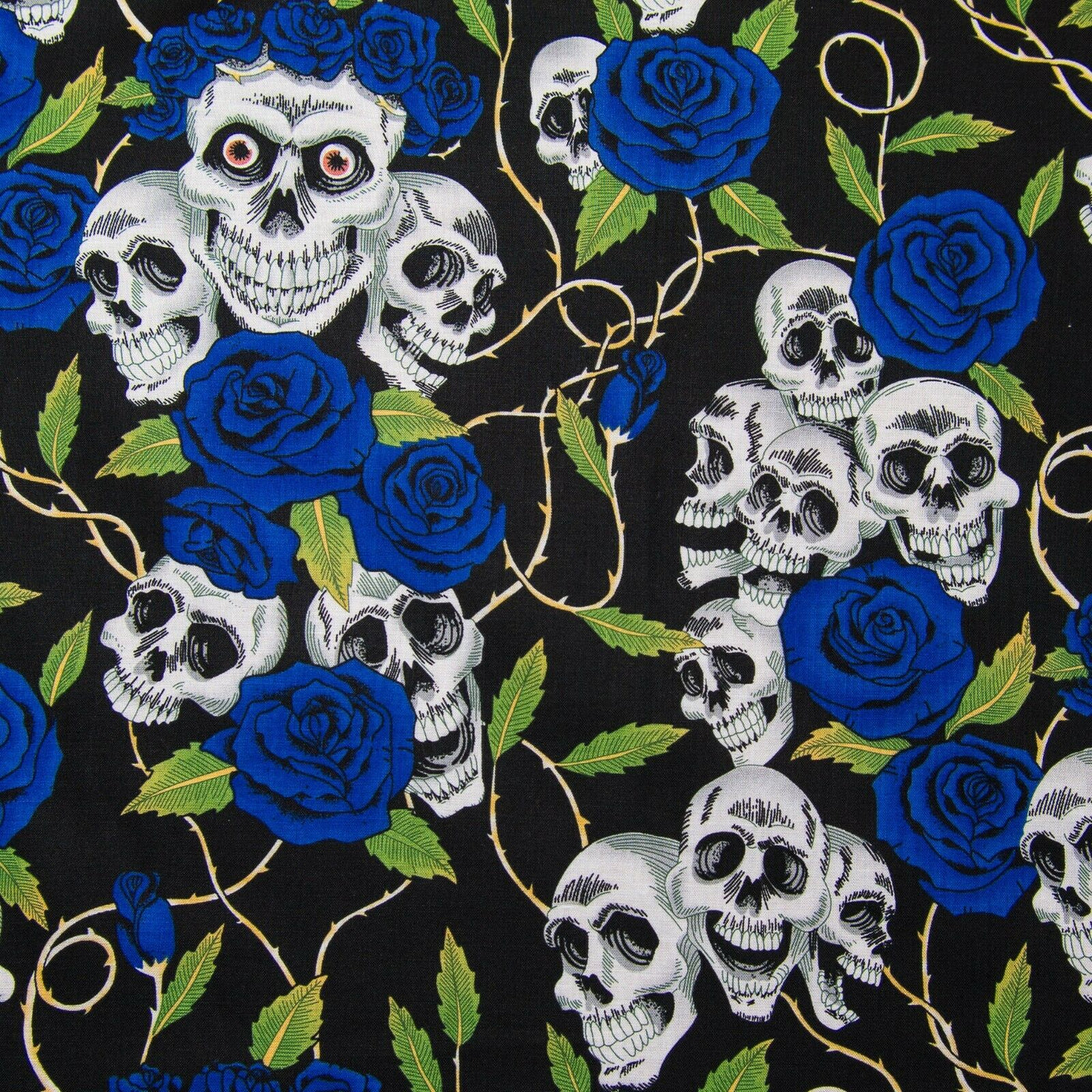 Day of the Dead Skull Rose & Thorns 100% Cotton Fabric for Face Masks