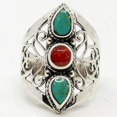 Turquoise & Coral Ring ~ 925 silver Sizes O, P & S