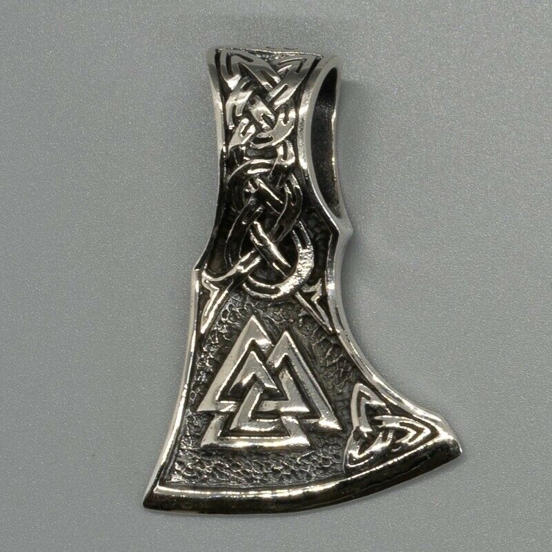 Viking Axe head pendant with a valknut at the base, 925 sterling silver pendant supplied with bootlace cord or choose a silver chain from our shop