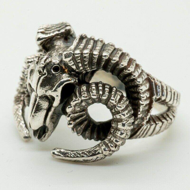 Ram Head Skull Ring .925 silver Zodiac Aries Goat Baphomet Biker Gothic Horns