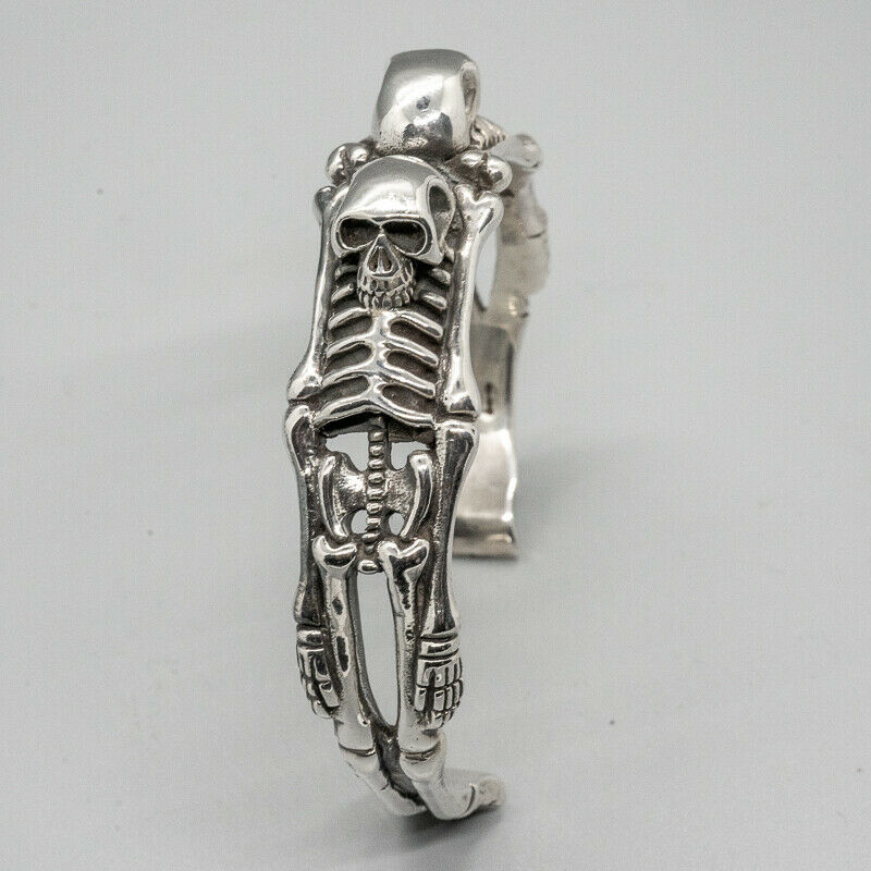 Skeleton 925 silver torc adjustable bangle bracelet biker viking gothic pagan