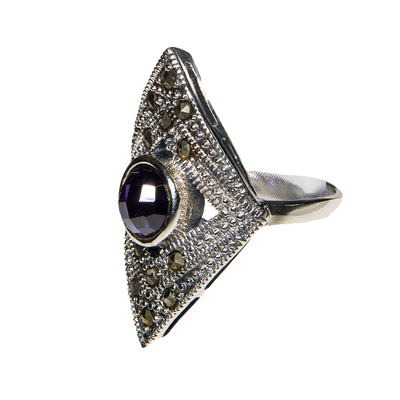 Marcasite Style Ring with Amethyst Gemstones - 925 Sterling Silver