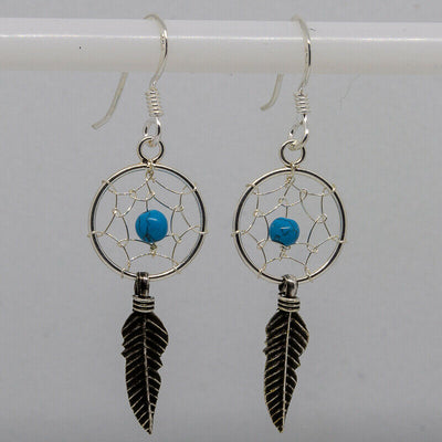 Dreamcatcher Feather Turquoise drop earring 925 silver boho celtic feeanddave