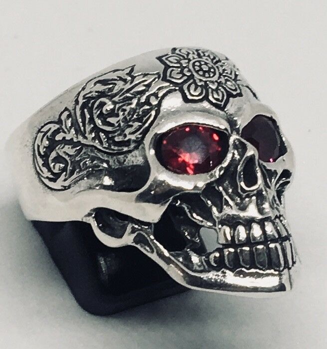 Skull Ring Red Eyes Mandala .925 sterling silver Metal Biker Gothic feeanddave