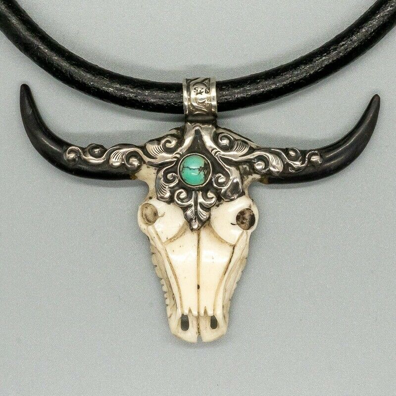 Buffalo Longhorn Skull Pendant - Turquoise - .925 sterling silver