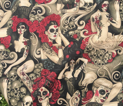 Day of the Dead Tattoo Ladies Roses Skulls - Alexander Henry - 100% Cotton Fabric