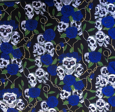 Day of the Dead Blue Skull Rose & Thorns - 100% Cotton Fabric