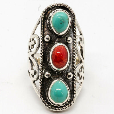 Turquoise & Coral Ring ~ 925 sterling silver
