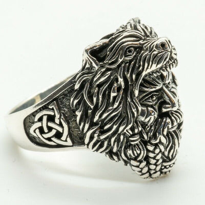 Viking Wolf Bear Man Headdress Ring 925 silver Skull Biker Warrior Thor Odin