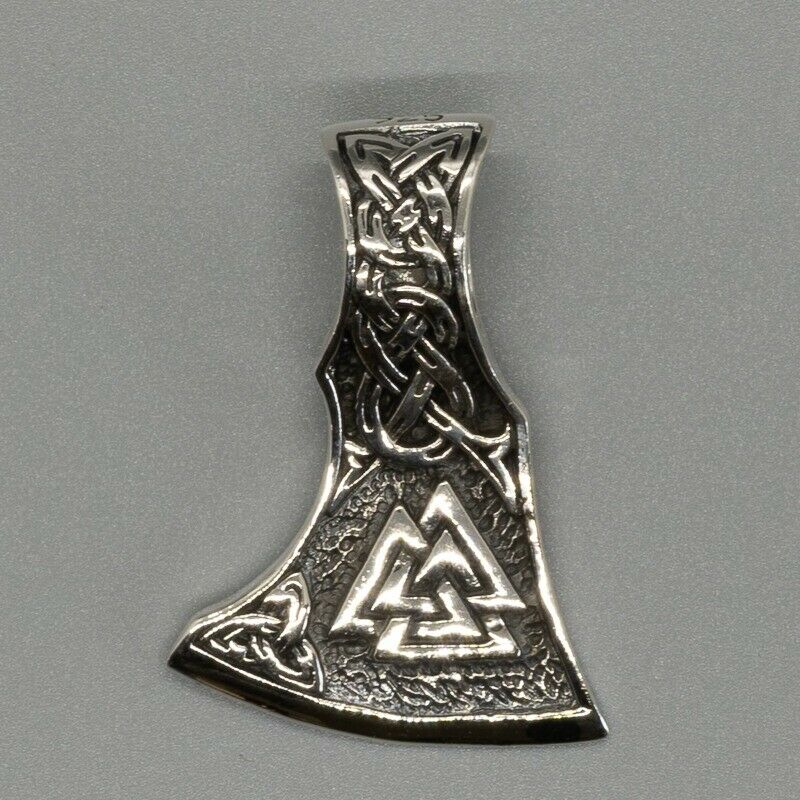 Viking Axe head pendant with a valknut at the base, 925 sterling silver pendant supplied with bootlace cord or choose a silver chain from our shop