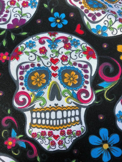 Black Sugar Candy Skull Muertos - David Textiles 100% Cotton Fabric
