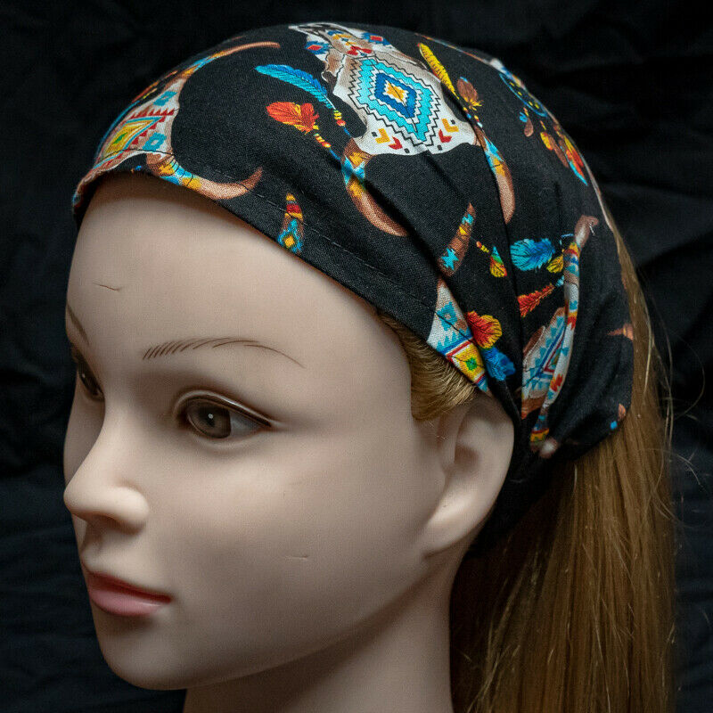 Buffalo Skull  & Feather Elasticated Headband - 100% Cotton Fabric