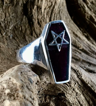 Coffin Pentagram Ring  - .925 sterling silver - Black Enamel