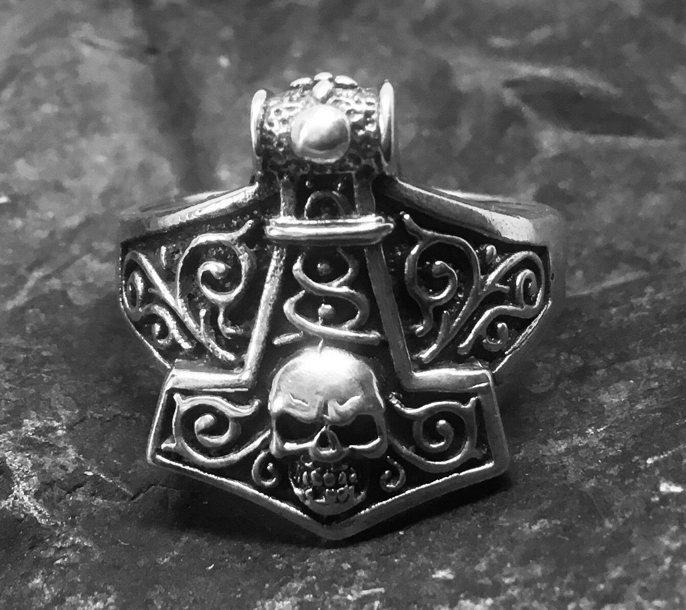 Thors Hammer Skull Ring silver Thor Viking Mjolnir Odin Norse Metal feeanddave