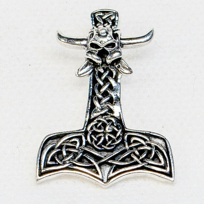 viking thors hammer pendant with celtic knotwork along the shaft and a viking skull at the helm 925 solid sterling silver pendant supplied with a bootlace cord or you can add a silver chain 