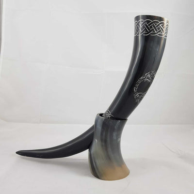 Tree Viking Buffalo Drinking Horn & Stand Carved Pagan Medieval beer Ale Thrones