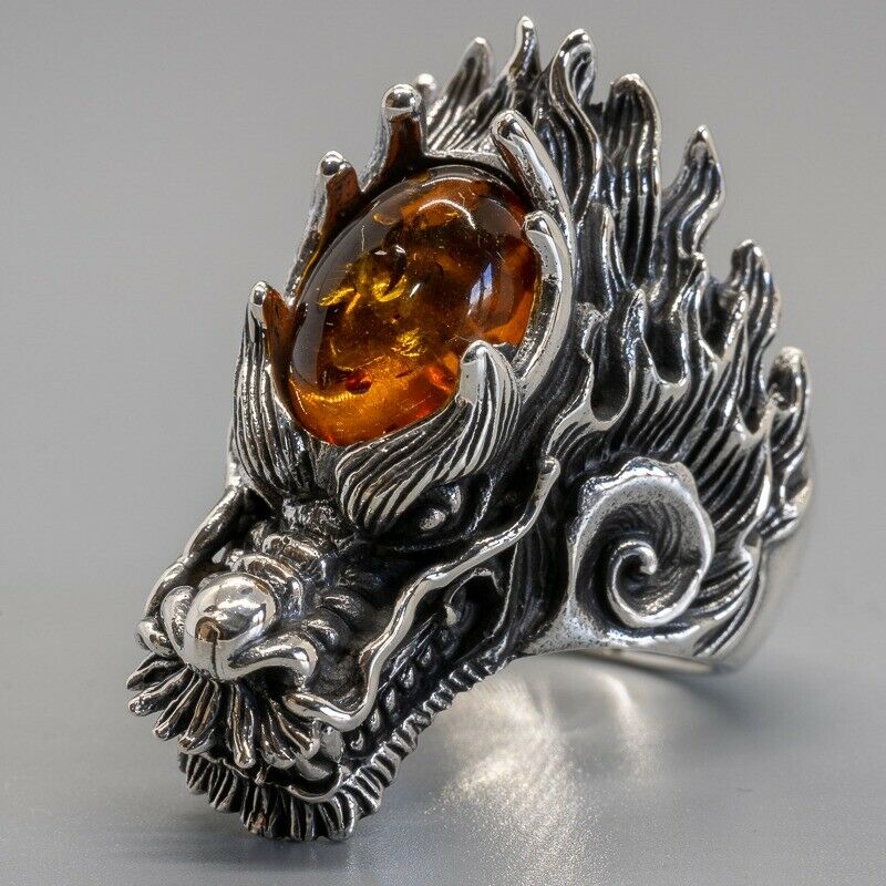 Silver Dragon Ring with Baltic Amber