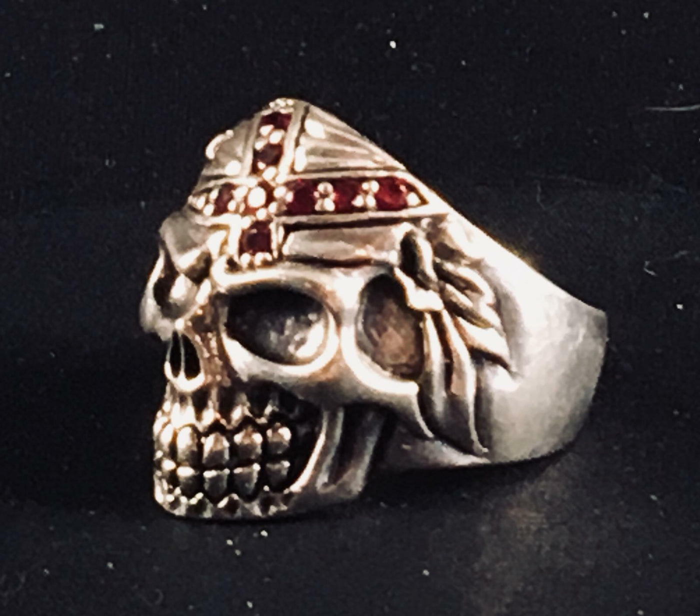 Grinning Skull Cubic Cross Ring  - .925 sterling silver - Pink Cubic Zirconia
