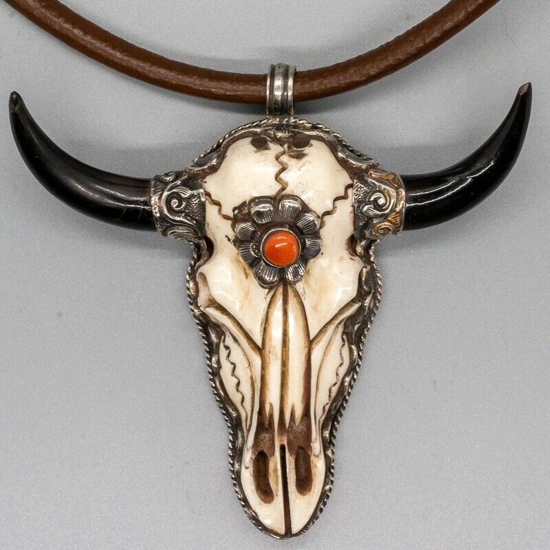 Buffalo Skull Pendant - coral - .925 sterling silver