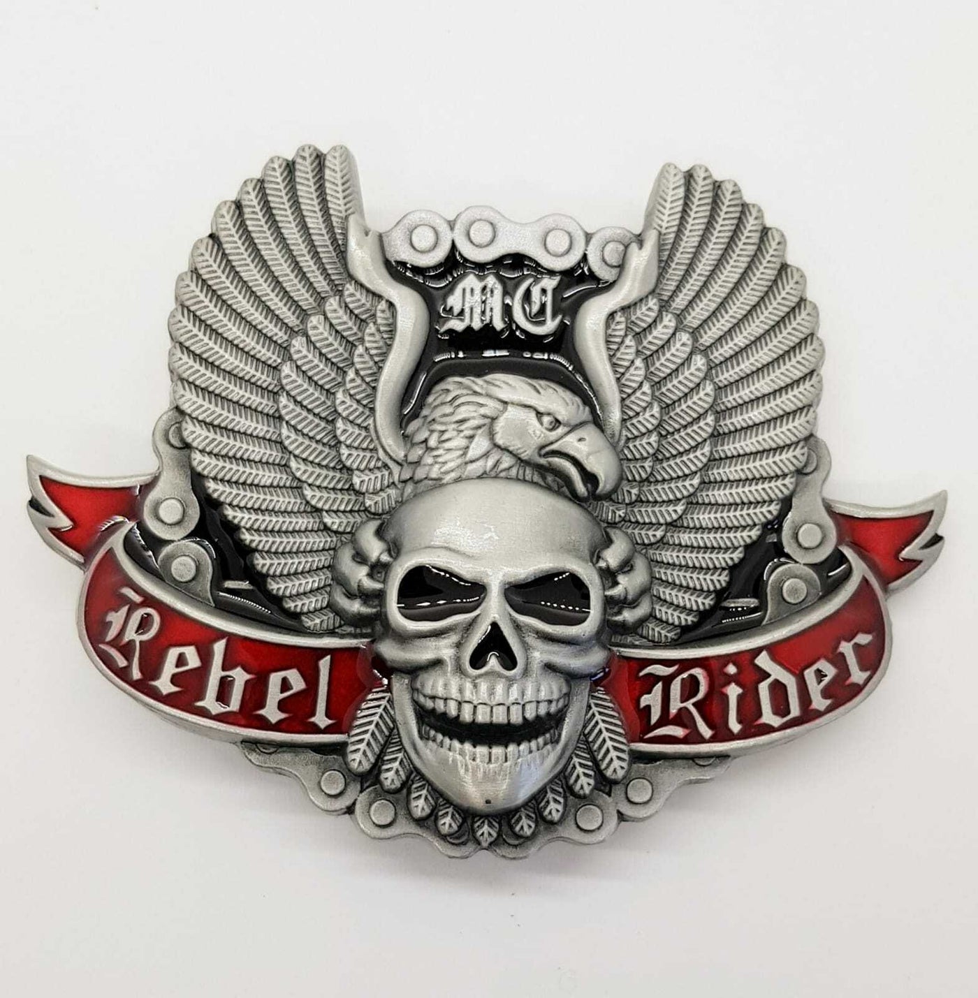 Rebel Rider Belt Buckle Outlaw Biker Motorcycle MC Rocker Skull & Eagle