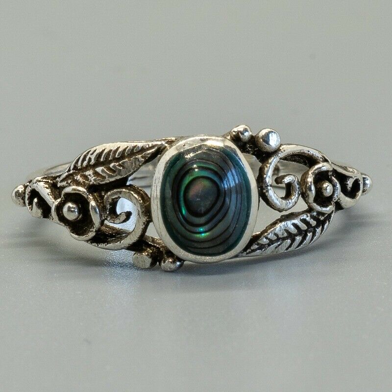 Paua Shell Abalone New Zealand Natural Rose 925 sterling silver ring Sizes L-S