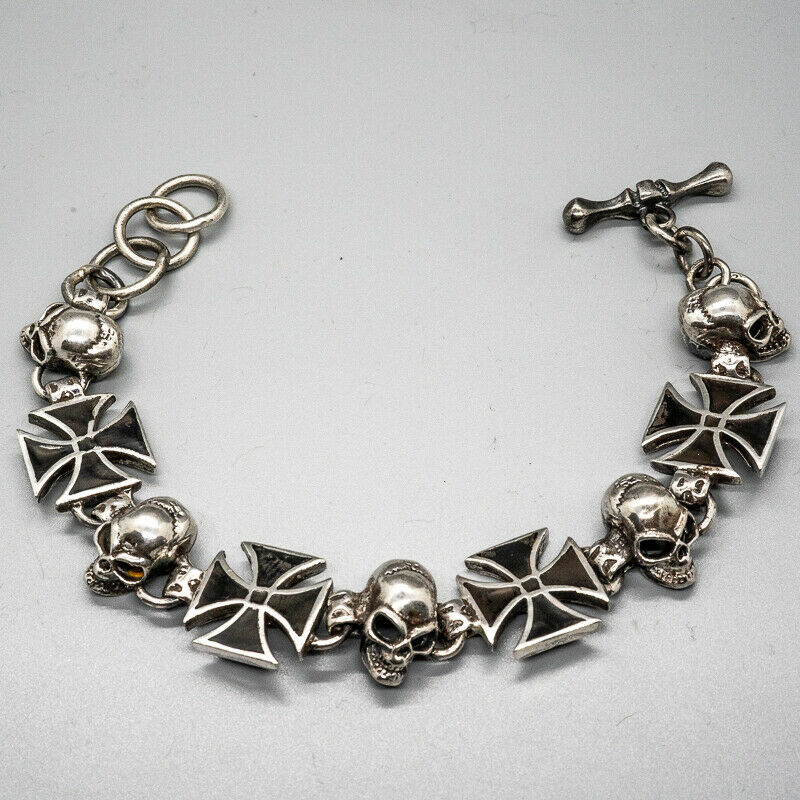 Iron Cross & Skull Necklace 925 sterling silver Chain Choker Link Gothic Biker