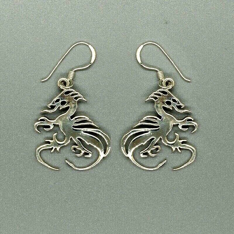 Dragon Flame Drop .925 silver dangle hook earrings hoop ladies womens celtic