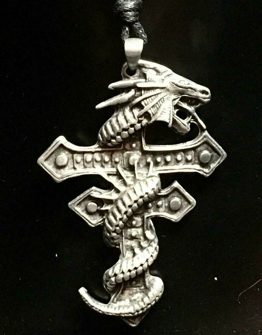 Dragon Sword Knight Cross Pewter Pendant Viking Odin Thor Goth Biker Necklace