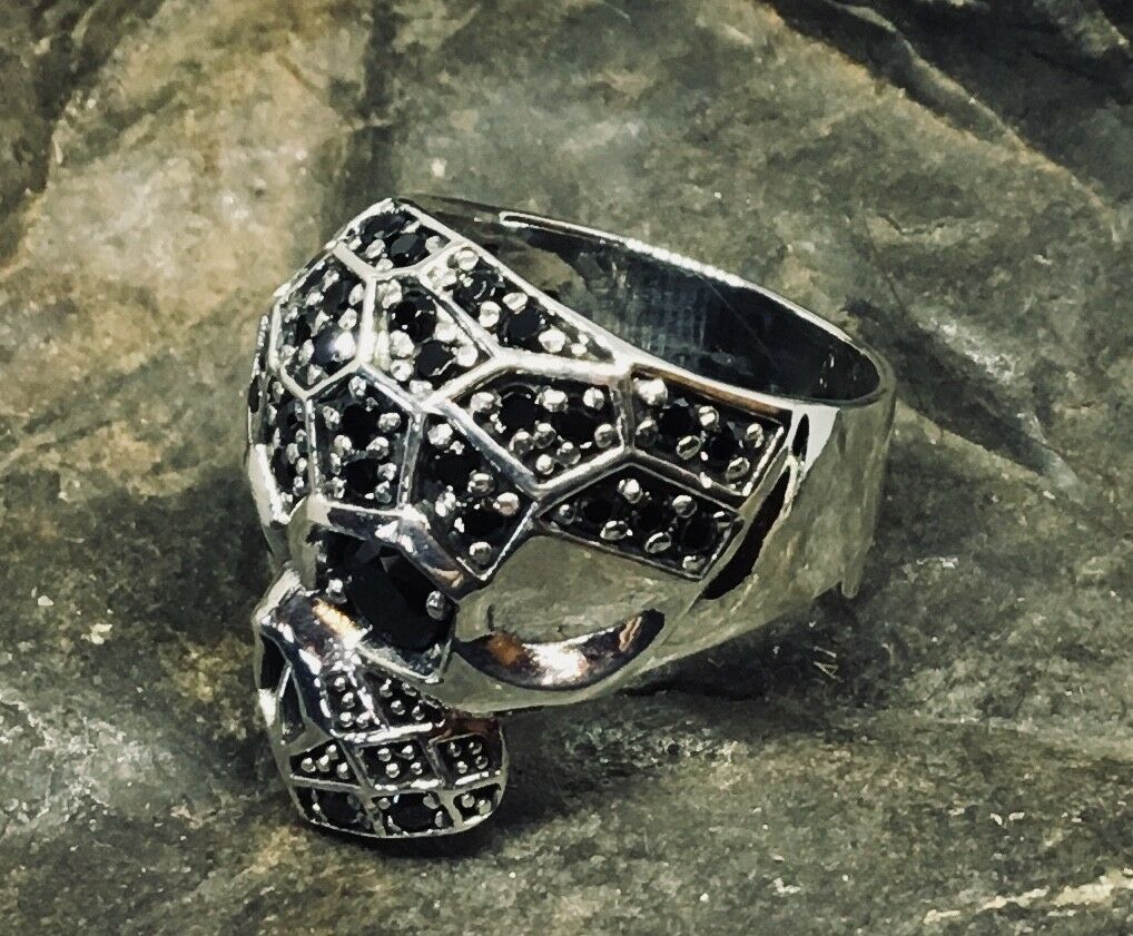 Cubic Zirconia Skull Ring - .925  sterling silver  - Black Cubic Zirconia