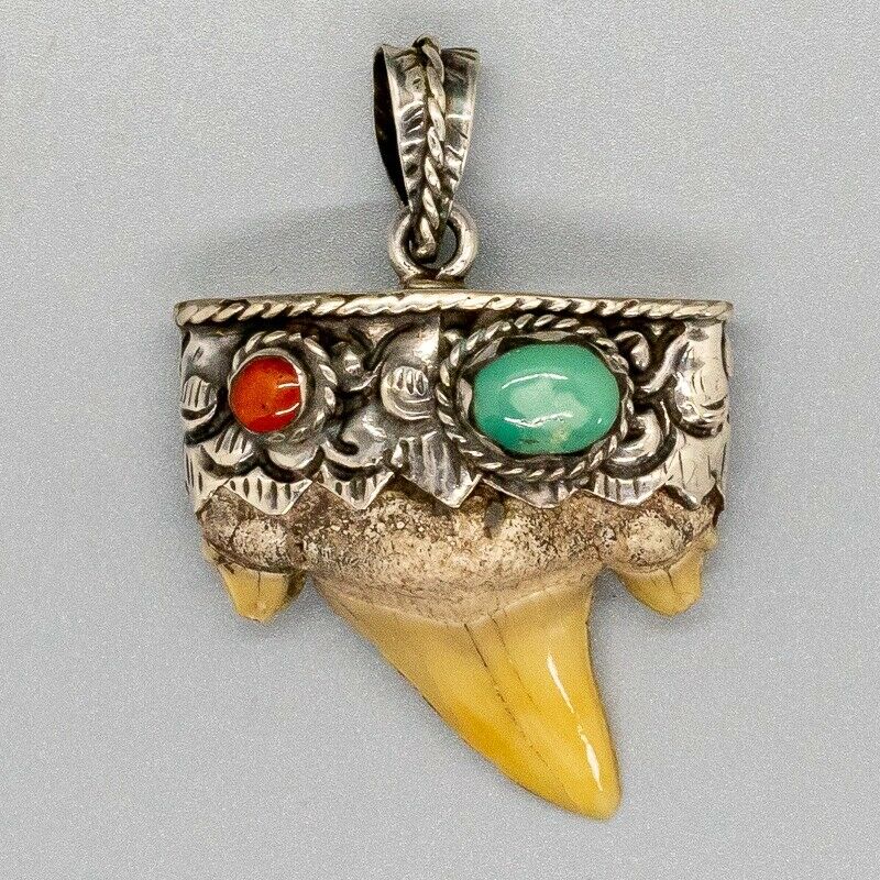 Fossil Tooth Pendant 925 sterling silver Bone Coral Turquoise Biker Gothic Pagan