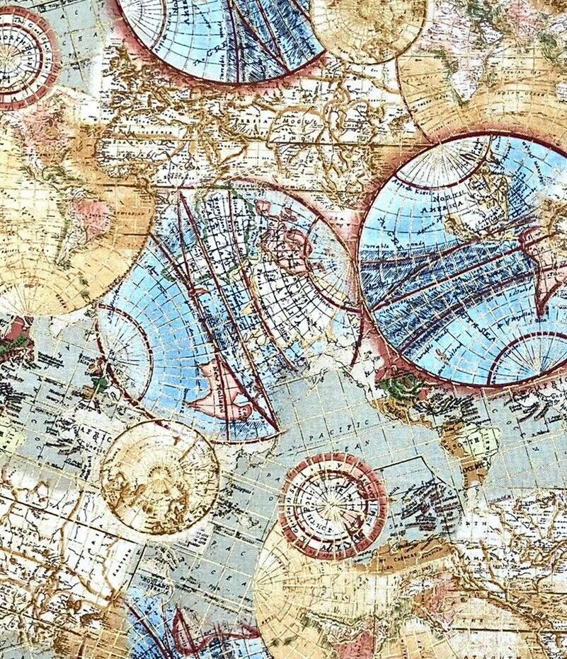 Atlas World Map Nautical Globe - Timeless Treasures  - Cotton Fabric