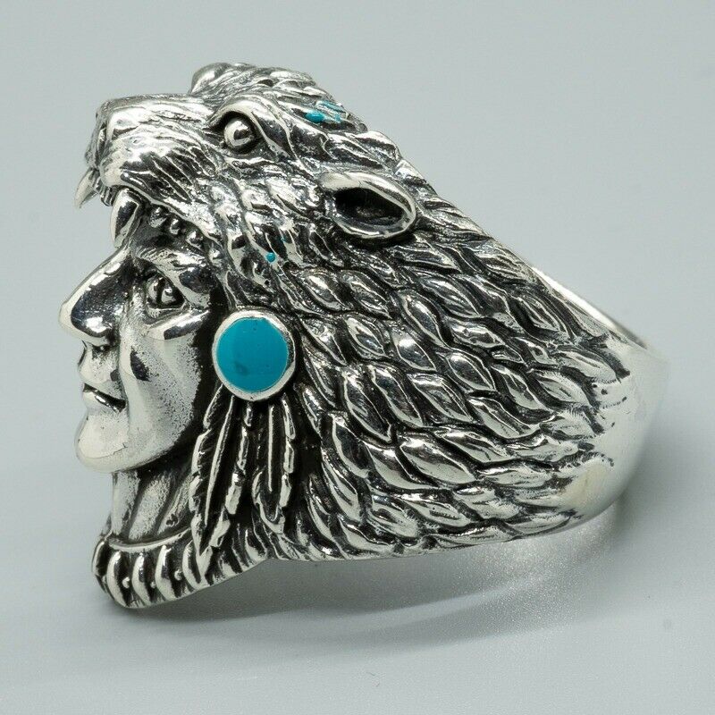 Turquoise Bear Navajo Influenced Indian Chief Cougar Exeter Chiefs silver Ring