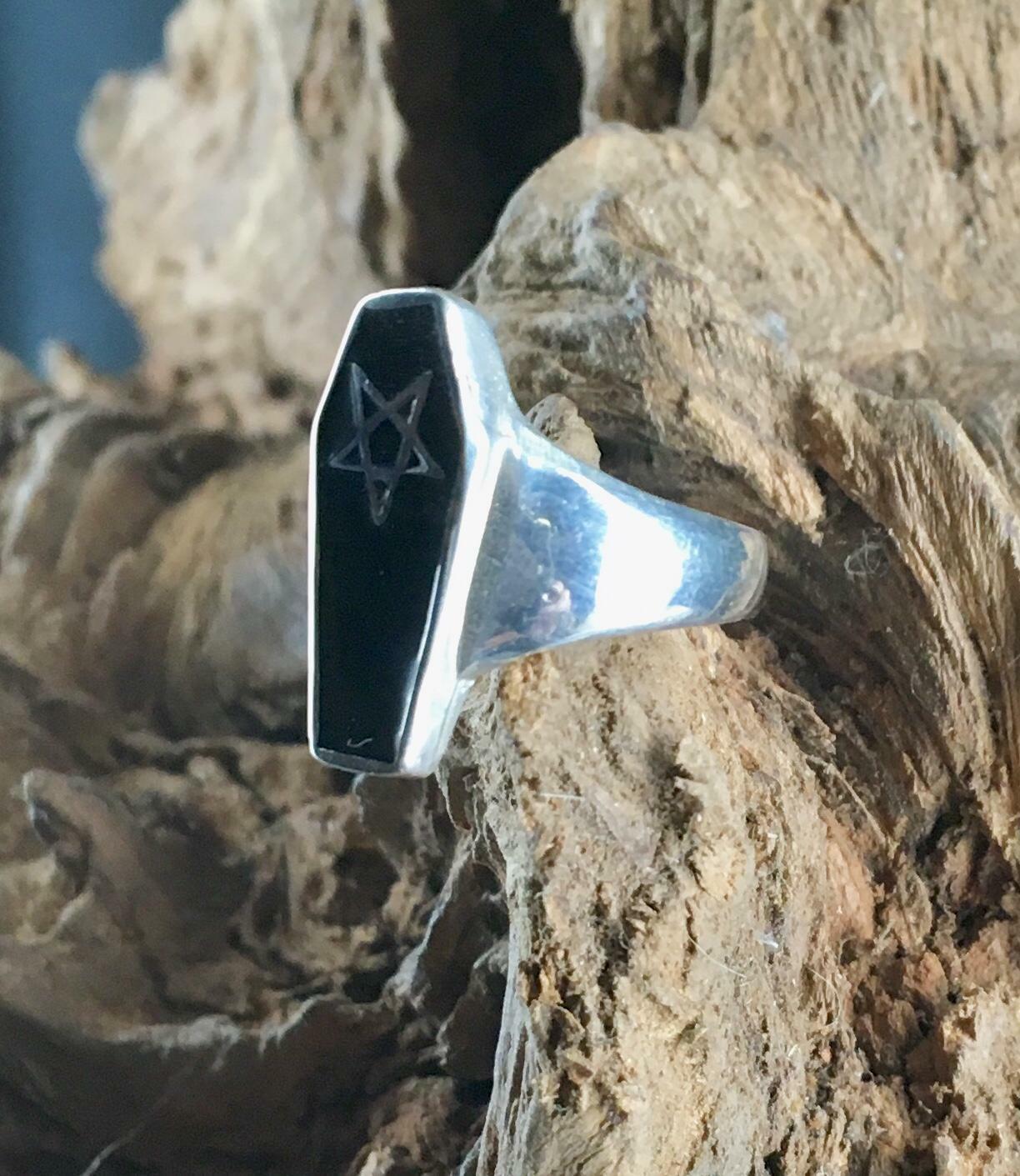 Coffin Pentagram Ring  - .925 sterling silver - Black Enamel