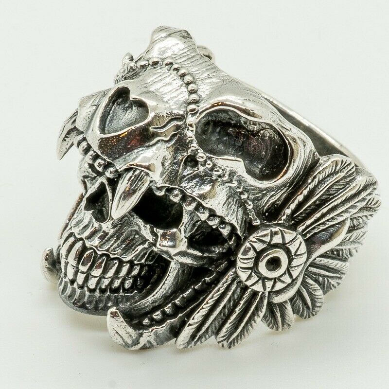 Navajo Cherokee Indian Influenced Skull Ring 925 silver Biker Gothic Sizes M-Z