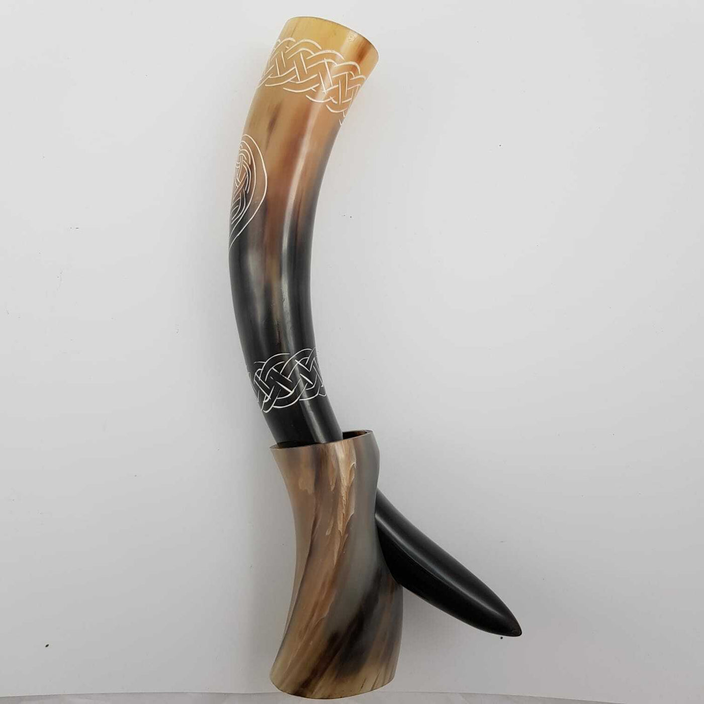 Carved Buffalo Drinking Horn & Stand - Celtic Horse - Light