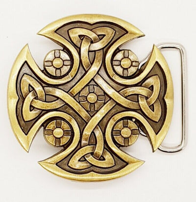 Celtic Cross & Knotwork Belt Buckle - Brass