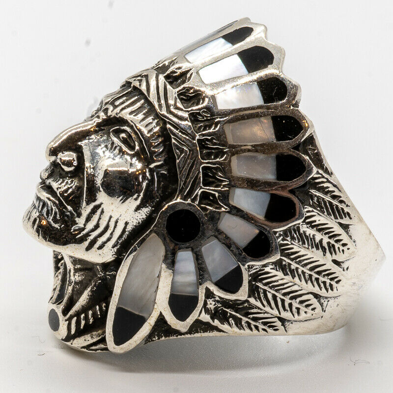 Mother of Pearl Onyx Native American Indian Ring 925 silver Size T-Z5 feeanddave