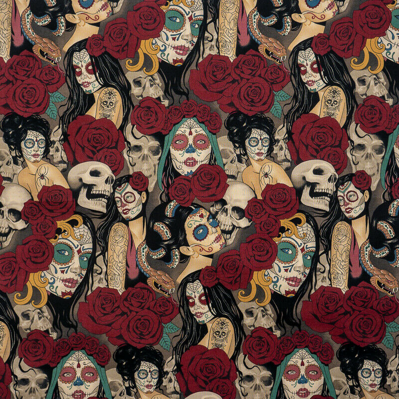 Day of the Dead Tattoo Ladies Snakes Skulls  - Alexander Henry - 100% Cotton Fabric