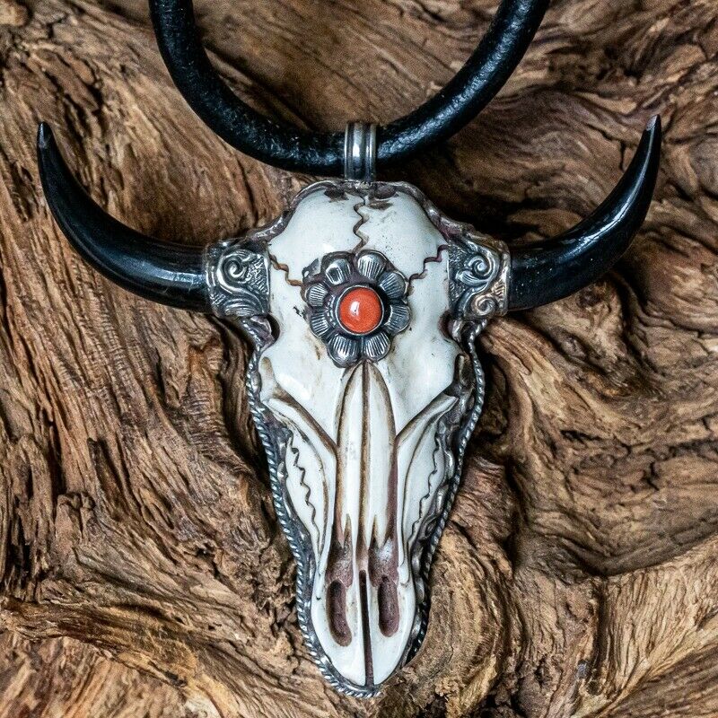 Buffalo Skull Pendant - coral - .925 sterling silver