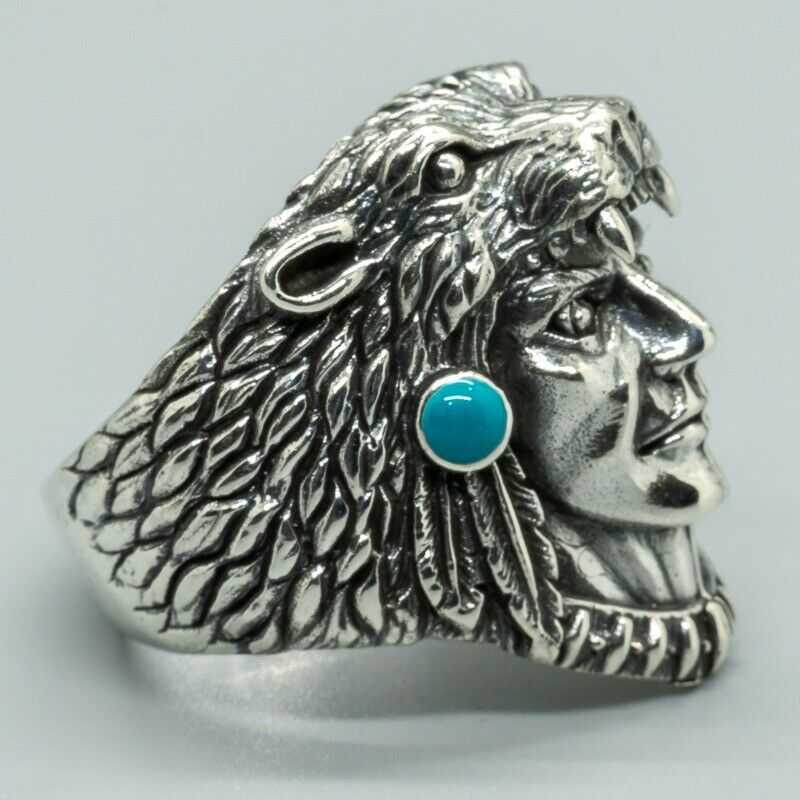 Turquoise Bear Navajo Influenced Indian Chief Cougar Exeter Chiefs silver Ring