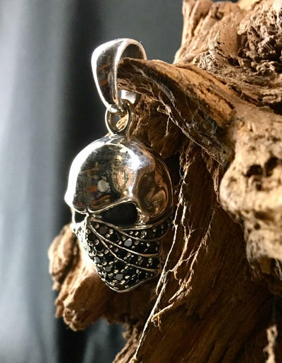 Black Bandit Mask Skull Bling Pendant - .925 sterling silver