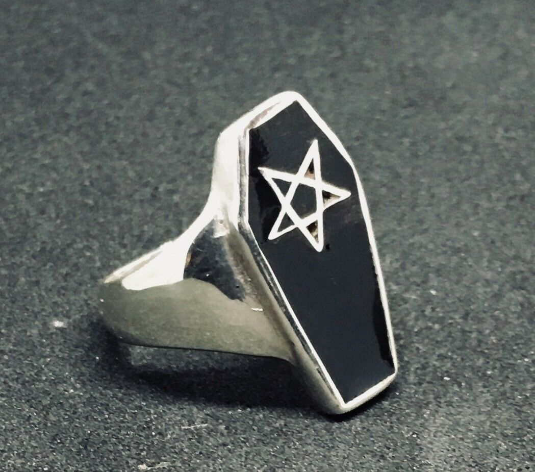 Coffin Pentagram Ring  - .925 sterling silver - Black Enamel