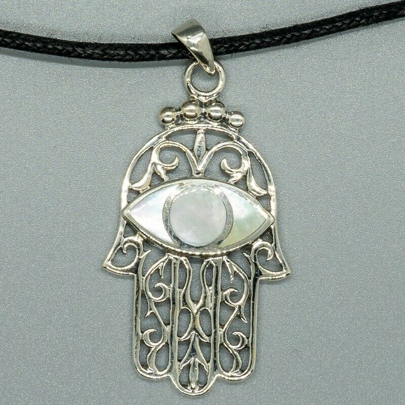 Hamsa Hand Pendant 925 Silver Amulet Fatima Luck Yoga Buddha Eye mother of pearl