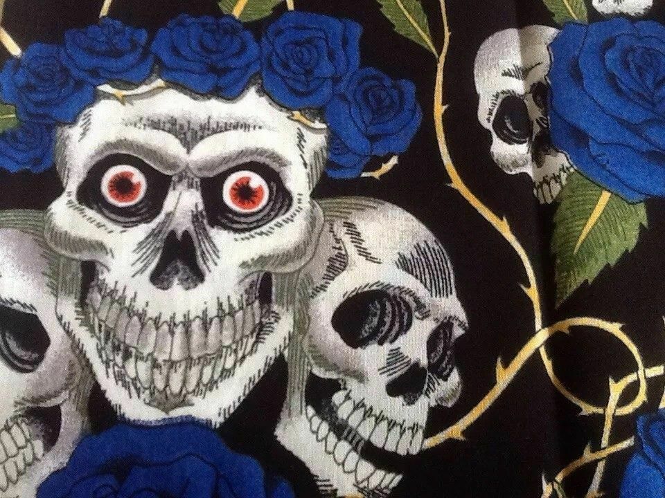 Day of the Dead Blue Skull Rose & Thorns - 100% Cotton Fabric