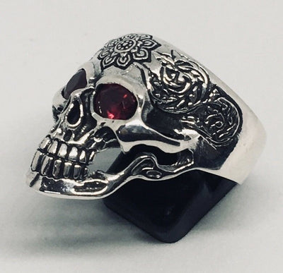 Skull Ring Red Eyes Mandala .925 sterling silver Metal Biker Gothic feeanddave