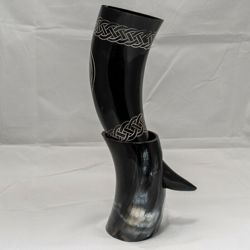 Carved Buffalo Drinking Horn & Stand - Celtic Horse - Dark