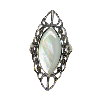 Marcasite Style Mother of Pearl 925 Sterling Silver Ring