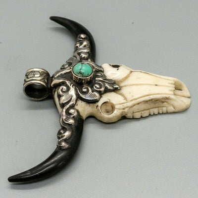 Buffalo Longhorn Skull Pendant - Turquoise - .925 sterling silver